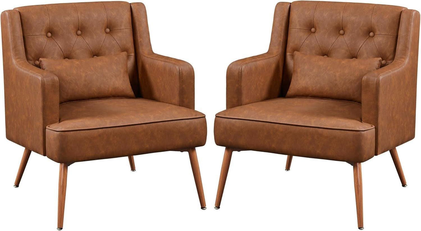 Two Brown Leatherette Mid Century Accent Chairs Set