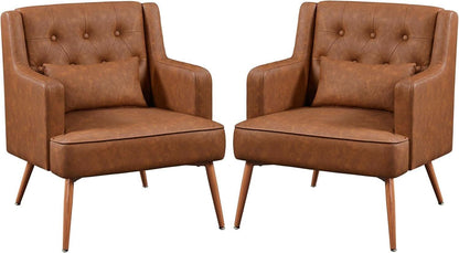 Two Brown Leatherette Mid Century Accent Chairs Set