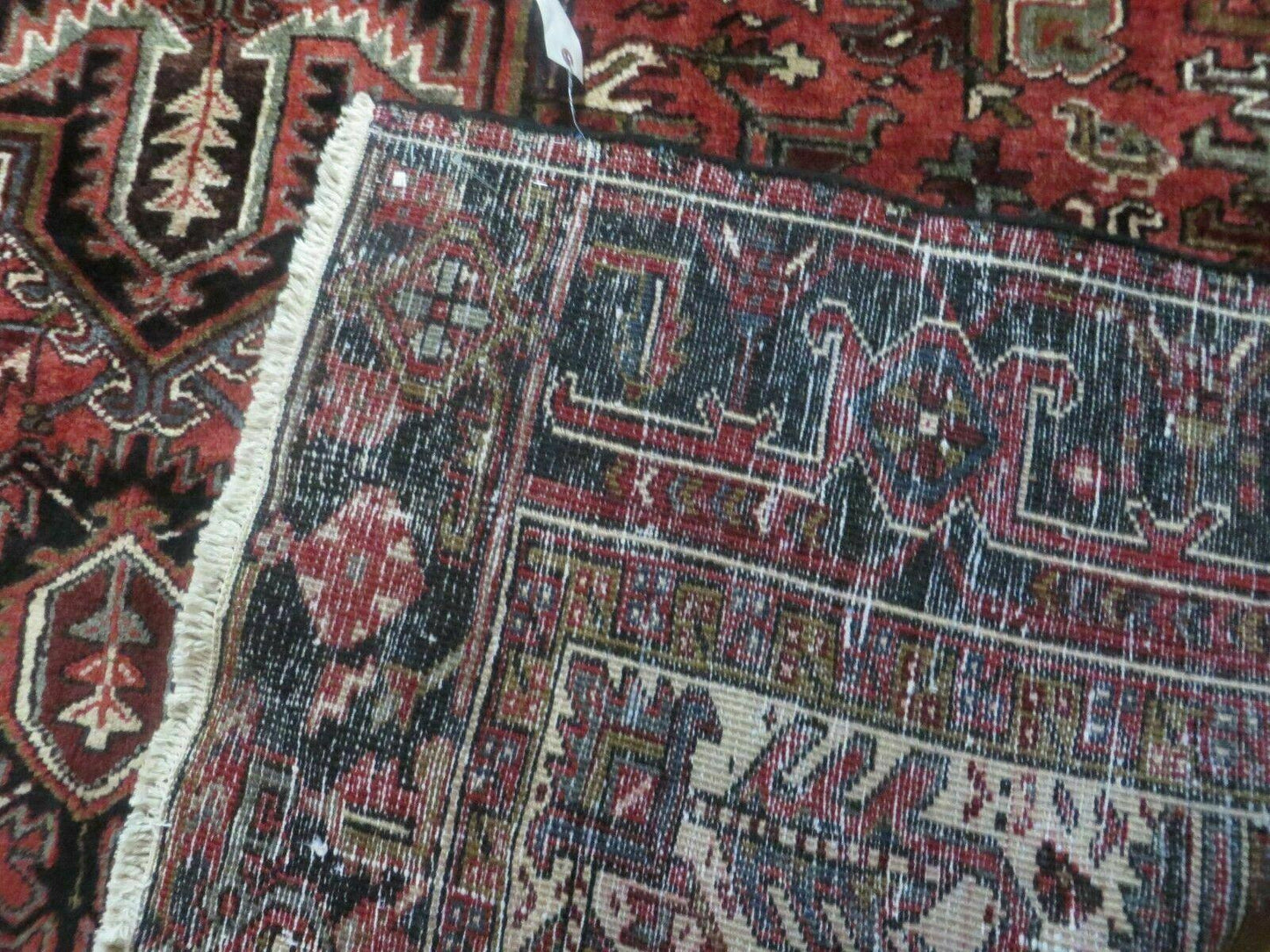 Persian Heriz Rug 8x12 Semi Antique Heriz Carpet, Room Sized Persian Carpet, Geometric Medallion, Wool, Hand Knotted, Red Ivory Dark Blue