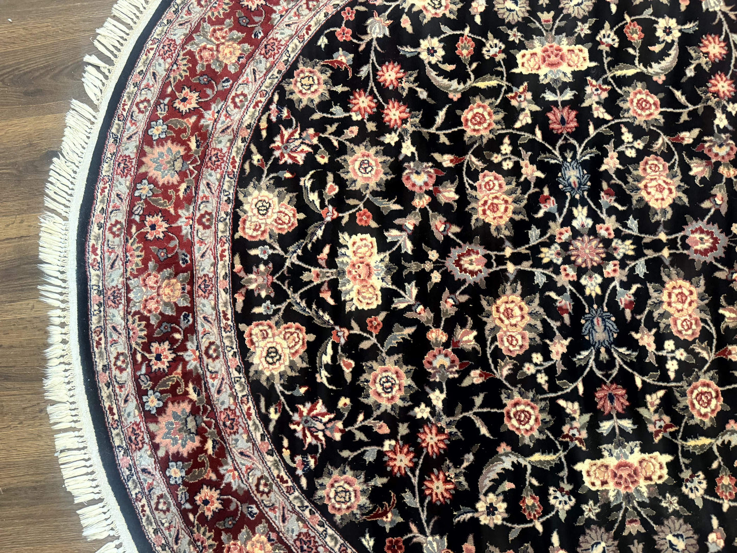 Round Sino Persian Rug 6x6, Floral, Navy Blue and Red, Wool and Silk Highlights