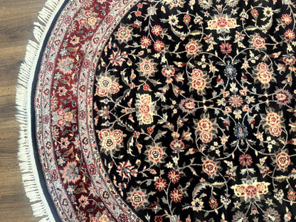 Round Sino Persian Rug 6x6, Floral, Navy Blue and Red, Wool and Silk Highlights