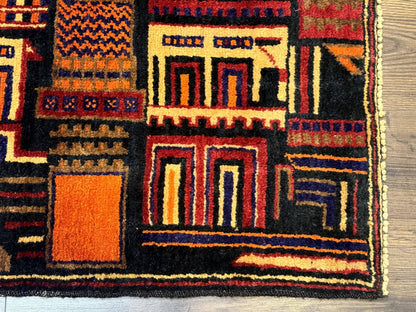 Balouch Rug 3x5, City Pictorial, Afghan Rug