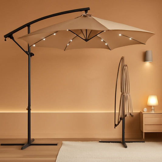 10 Foot Solar LED Offset Patio Umbrella With Easy Tilt Adjustment In Tan For Backyard Use