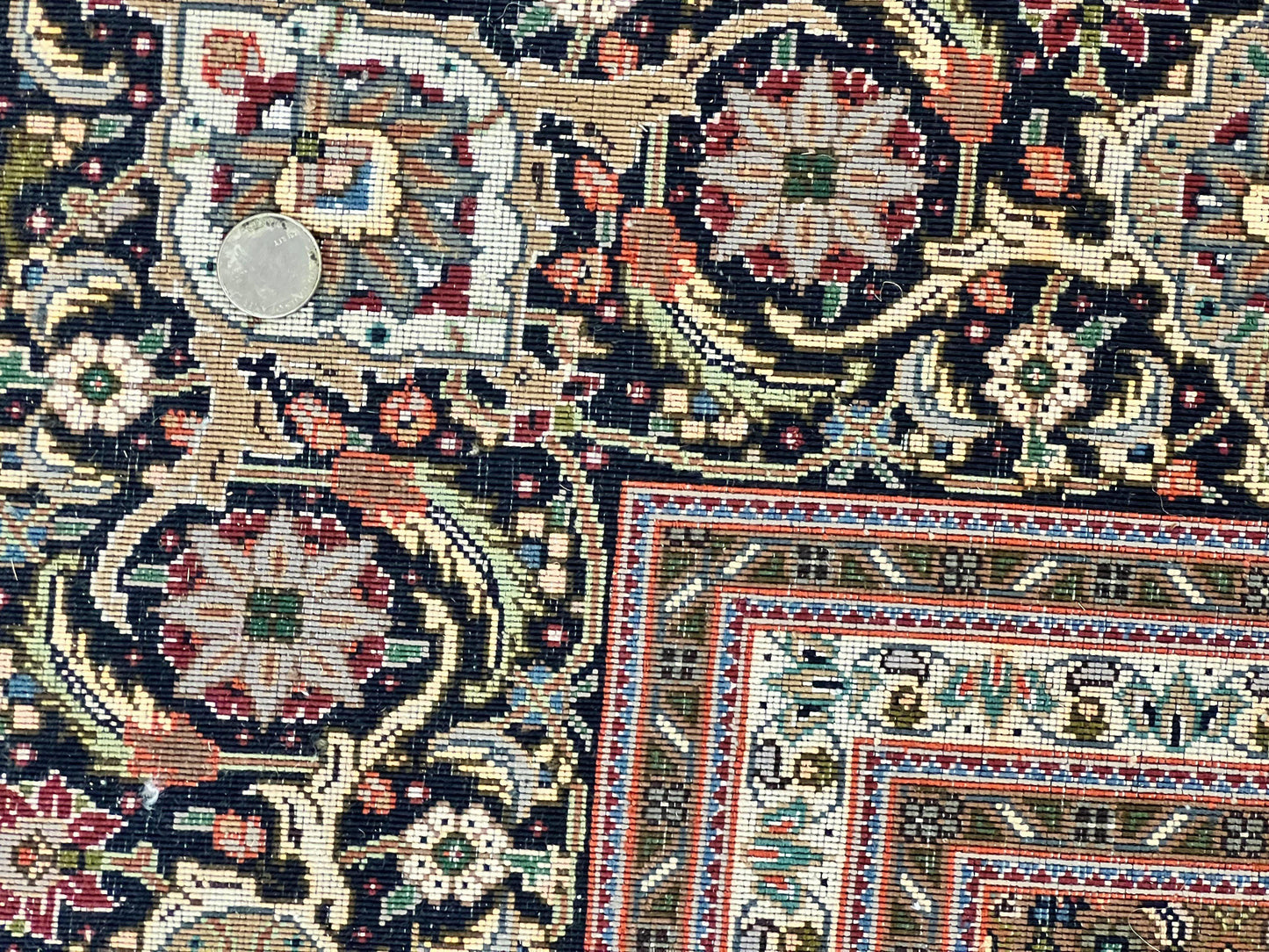 Persian Tabriz Rug 7x10, Very Fine 330 KPSI 50 Raj, Black and Beige, Handmade Wool Vintage Persian Carpet