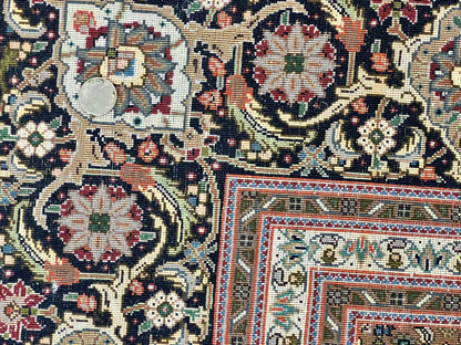 Persian Tabriz Rug 7x10, Very Fine 330 KPSI 50 Raj, Black and Beige, Handmade Wool Vintage Persian Carpet