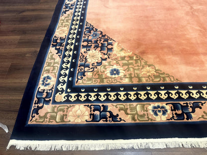 Chinese Wool Rug 11x18, Palace Sized Chinese Carpet, Peking Rug, Peach and Blue, Open Field, Simple Design, Art Deco Rug, Large Handmade Rug