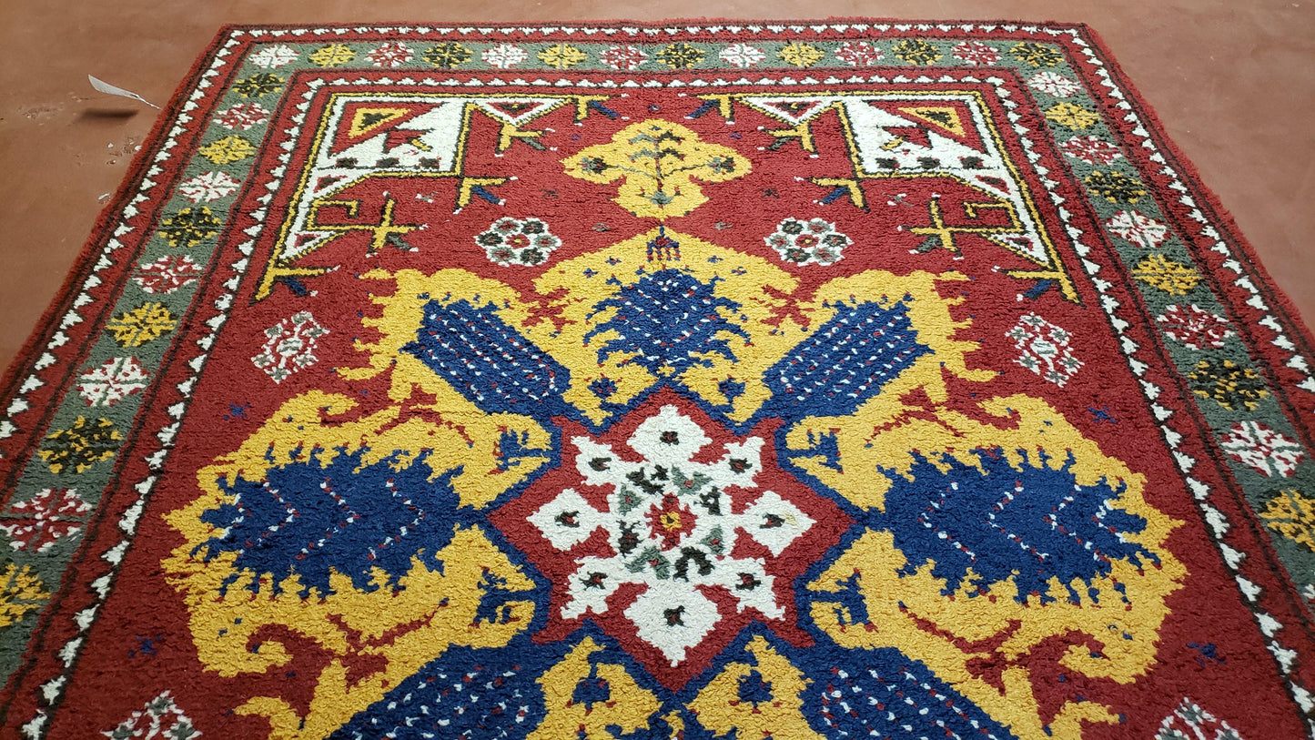 Colorful Moroccan Heriz Rug 6x9, Large Central Medallion, Red Yellow Blue