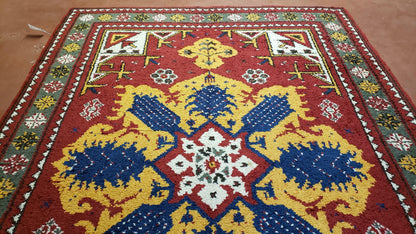 Colorful Moroccan Heriz Rug 6x9, Large Central Medallion, Red Yellow Blue