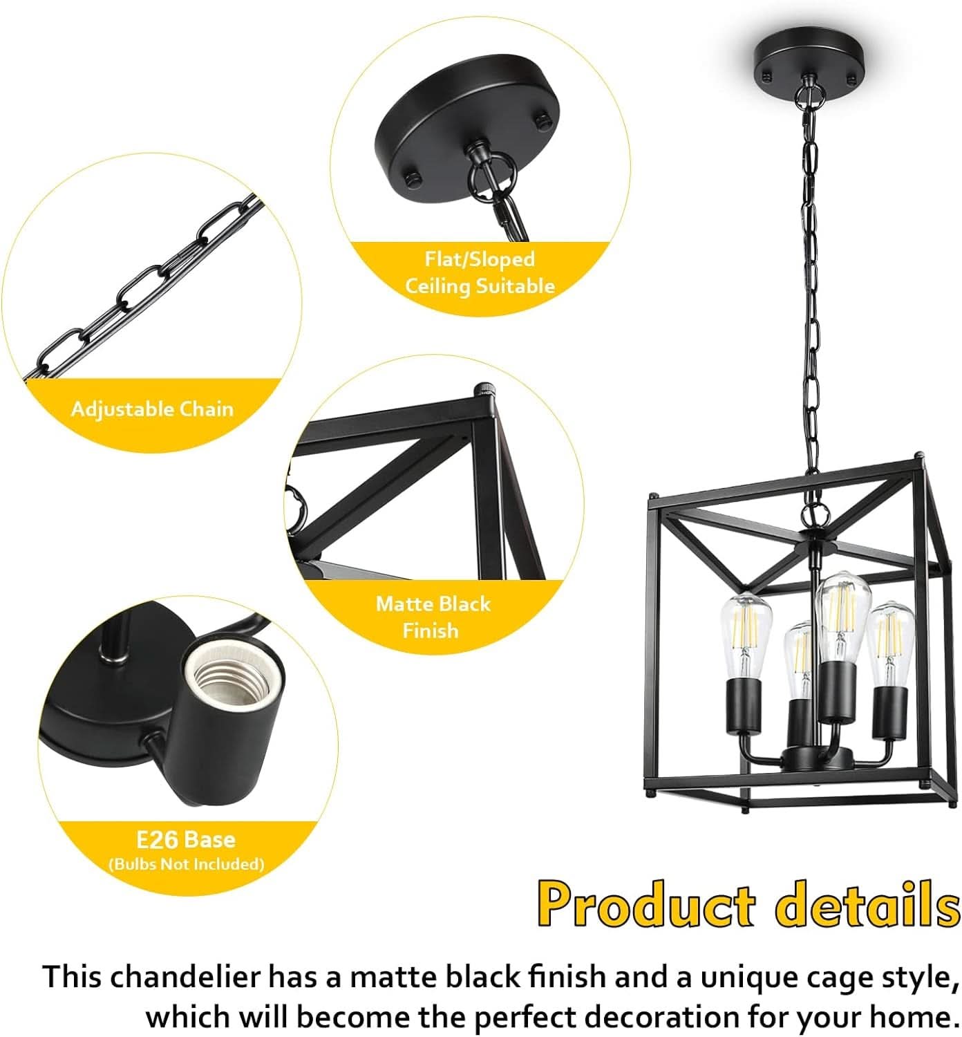 Black Farmhouse 4 Light Chandelier Pendant Light Adjustable