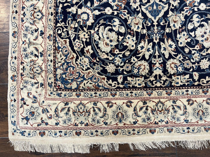 Very Fine Persian Nain Rug 3.7 x 6, Floral Medallion, Wool and Silk Accents, Highly Detailed, Hand Knotted Oriental Carpet, Navy Blue Ivory/Cream