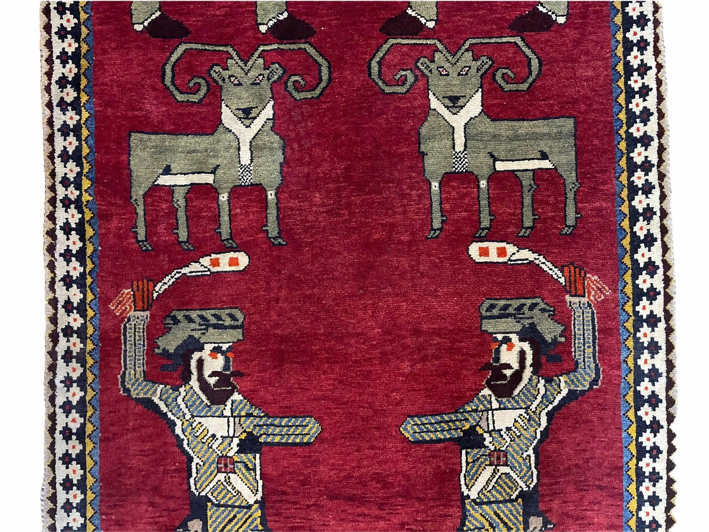 3 X 6 Handmade Wool Rug Tribal Balouch Warriors Deer Animal Pictorial Red Swords