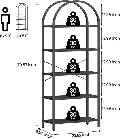 Tall Black Arched Bookcase With 5 Open Shelves For Living Room