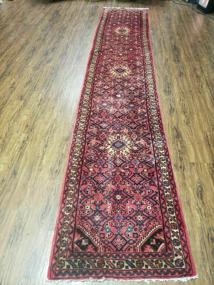 Persian Hamadan Runner Rug 2.8 x 14, Red, Vintage Handmade Wool Runner Rug