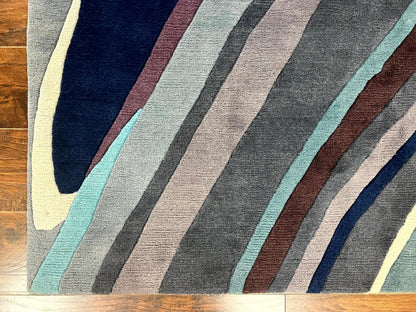 Modern Nepali Handmade Wool Rug 6x8, Blues Gray Mauve, Abstract, Nepali Tibetan Rug