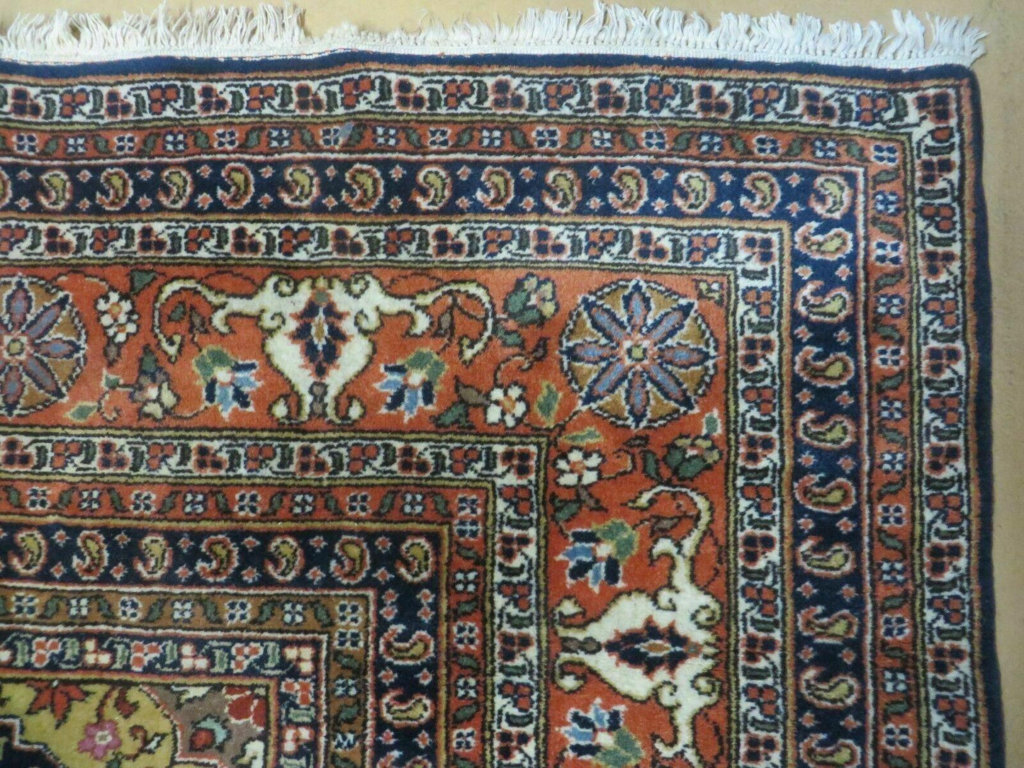 Indo Persian Rug 9x12, Semi Open Field Medallion, Ivory Tomato Red Navy Blue, Hand Knotted Indian Oriental Wool Carpet 9 x 12 ft, Room Sized