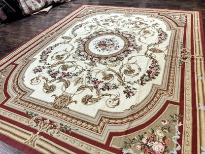 Aubusson Needlepoint Rug 9x11, Handmade Vintage Wool Flatweave Carpet, Elegant European Rug, Floral, Cream