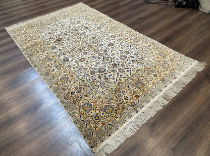 Rare Silk Persian Kashan Rug 4.6 x 7, Antique Fine 310 KPSI, Ivory