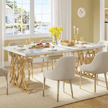 63 Inch Dining Table With Faux Marble Top For Kitchen And Dining Room
