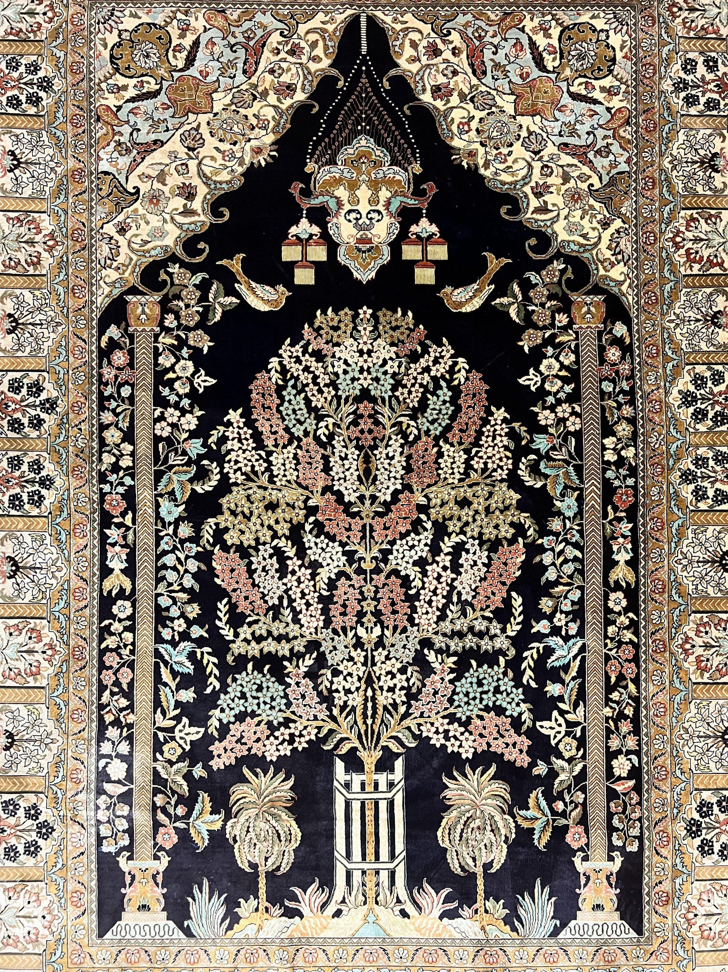 Wonderful Sino Persian Silk Rug 4x6, Tree of LIfe Design, Masterpiece 575 KPSI, Birds, Prayer Rug, Black, Silk on Silk