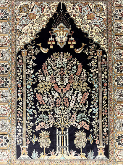 Wonderful Sino Persian Silk Rug 4x6, Tree of LIfe Design, Masterpiece 575 KPSI, Birds, Prayer Rug, Black, Silk on Silk