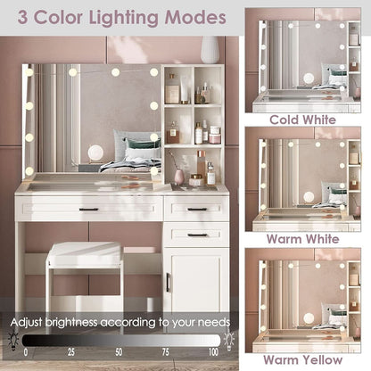 White Vanity Table Set With Glass Top Hollywood Mirror