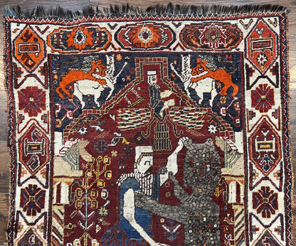 Antique Persian Shiraz Pictorial Rug 3.6 x 5, Persian Tribal Rug, Handmade, Lions, Highly Unique Collectible Small Persian Carpet, Maroon, Wool