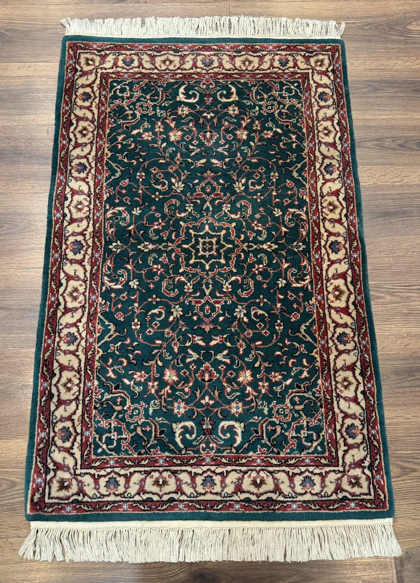 Dark Green Indo Persian Rug 2.5 x 4, Hand Knotted Wool Small Oriental Carpet