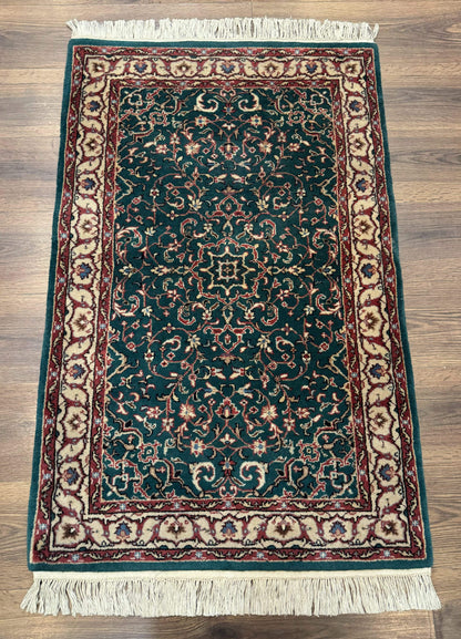 Dark Green Indo Persian Rug 2.5 x 4, Hand Knotted Wool Small Oriental Carpet