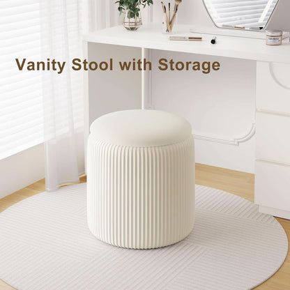 White Velvet Upholstered Storage Ottoman Vanity Set