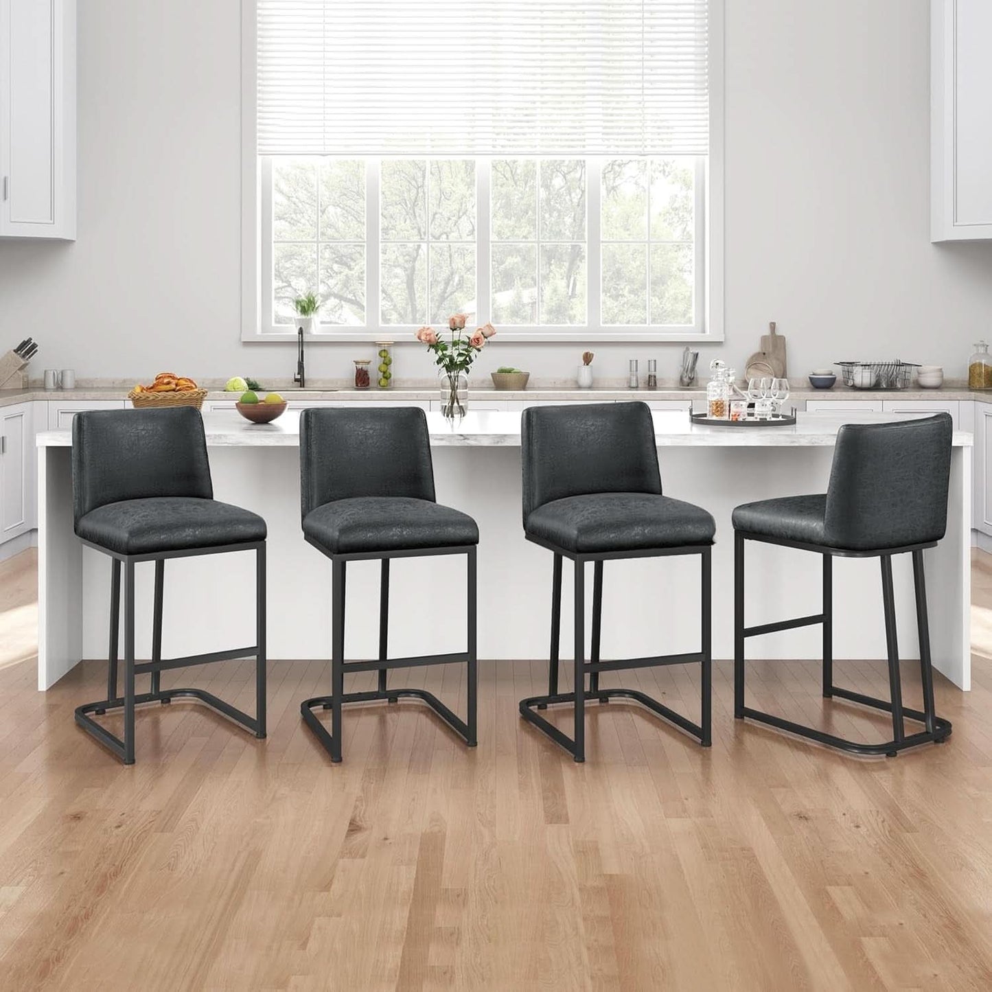 24 Inch Dark Gray Leather Counter Height Bar Stools Set 2