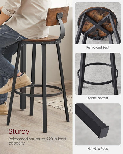 Bar Stools Set Of 2 Counter Height 28.7 Inch With Back Rustic Brown And Black