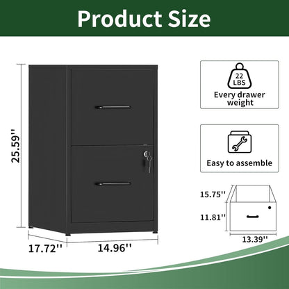 Two Drawer Locking Steel File Cabinet for Home Office Vertical Letter Size Black