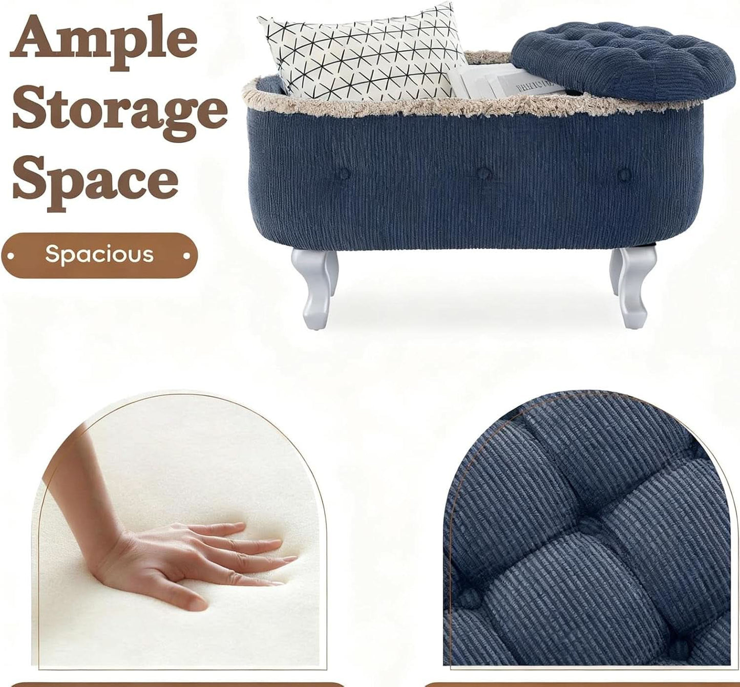 Blue 29.5 Inch Upholstered Storage Ottoman Cushion