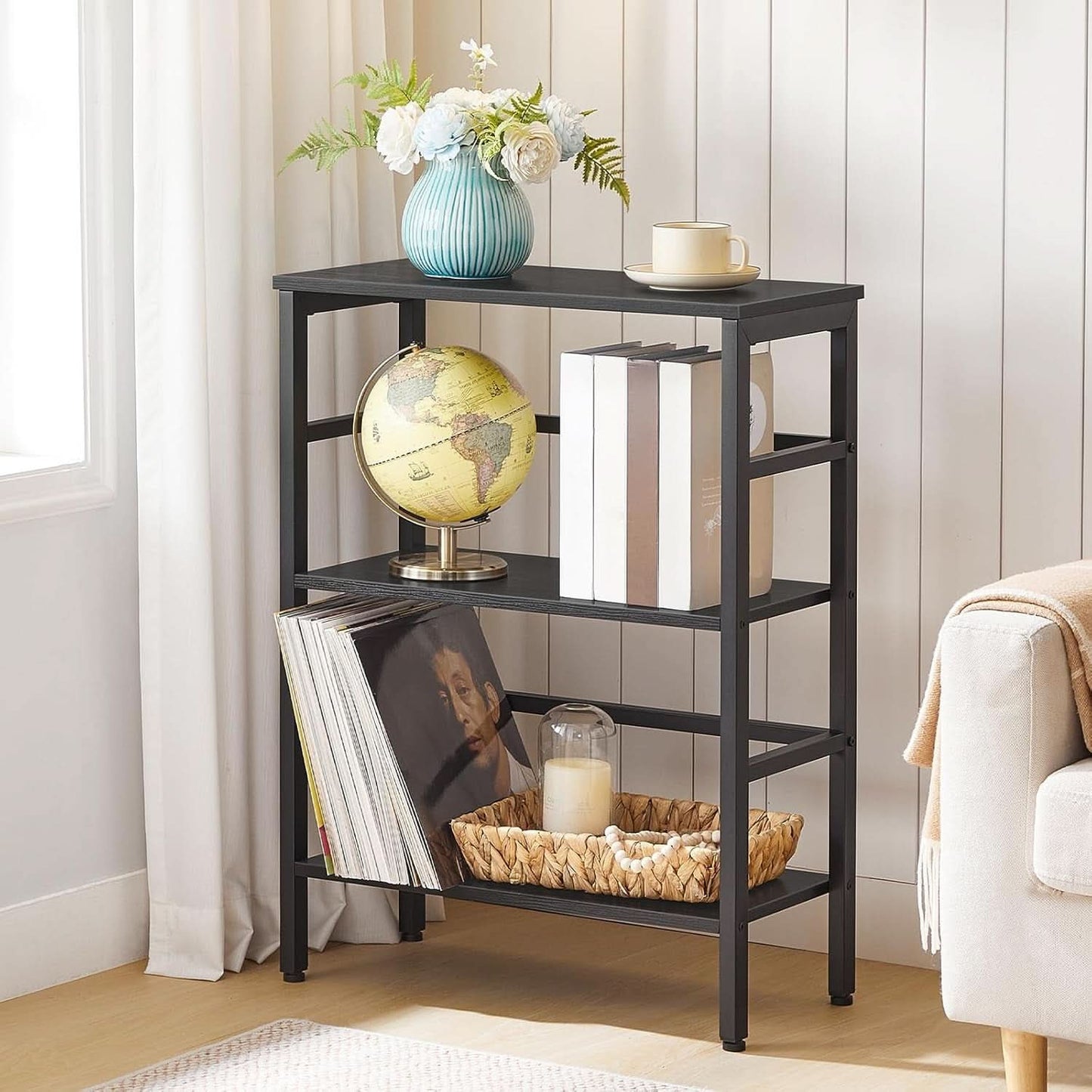 Three Tier Bookshelf Industrial Bookcase And Record Storage Rack With Side Fence Black Metal Frame Rustic Wood