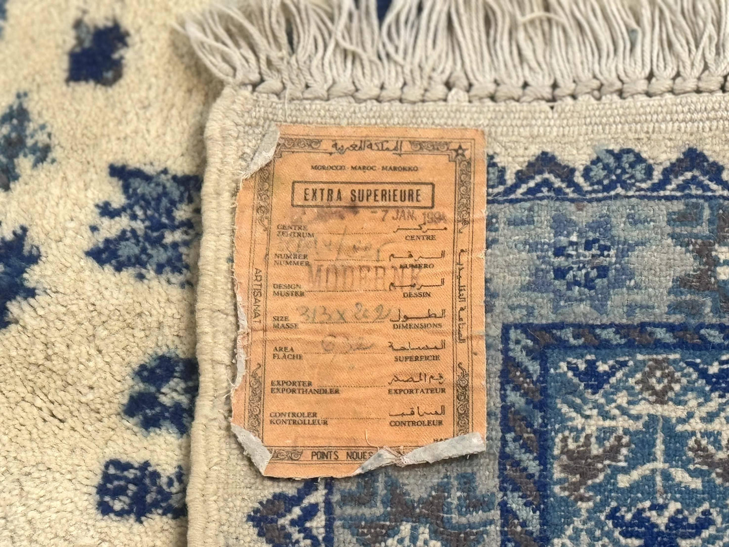 Moroccan Rug 7x10, Geometric Medallion, Blue and Ivory