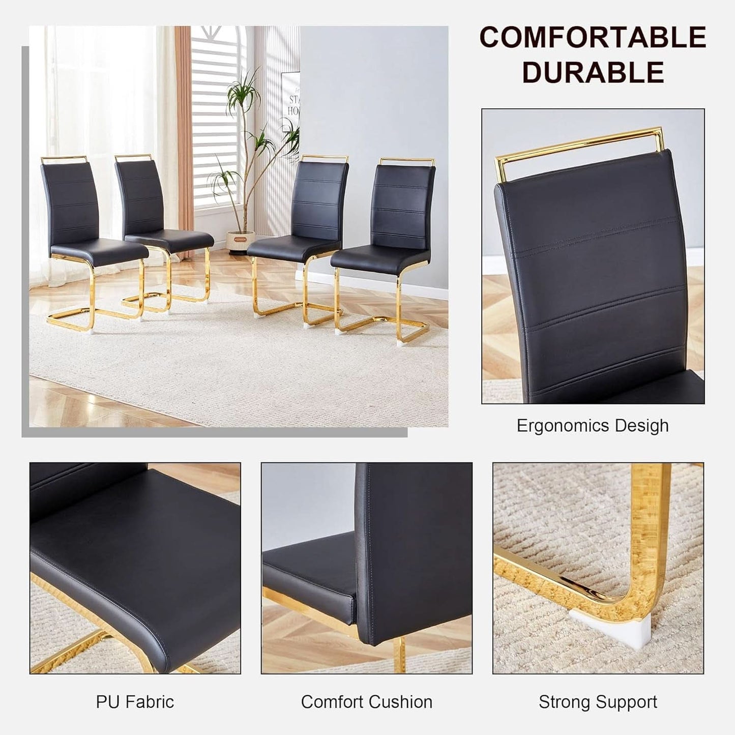 Modern Dining Chairs Set Of 4 PU Faux Leather High Back Black With Gold Legs