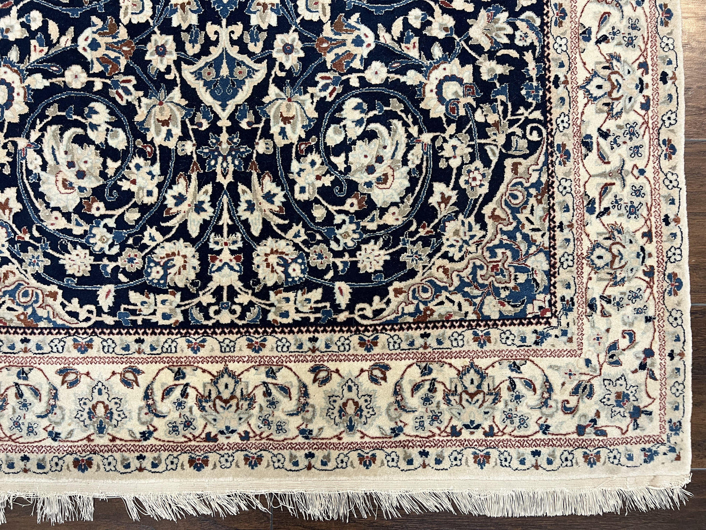 Very Fine Persian Nain Rug 3.7 x 6, Floral Medallion, Wool and Silk Accents, Highly Detailed, Hand Knotted Oriental Carpet, Navy Blue Ivory/Cream
