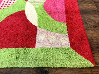 European Shag Rug 4.8 x 4.8, Modern Abstract Design, Green Pink Red, Square Shag Rug, Unique