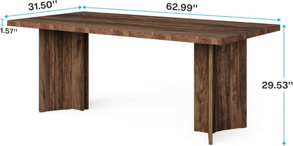 63 Inch Dark Brown Farmhouse Dining Table With Large Tabletop For 4 To 6 People
