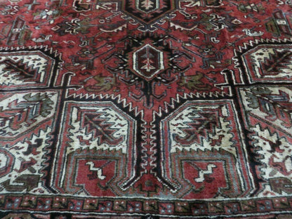 Persian Heriz Rug 8x12 Semi Antique Heriz Carpet, Room Sized Persian Carpet, Geometric Medallion, Wool, Hand Knotted, Red Ivory Dark Blue