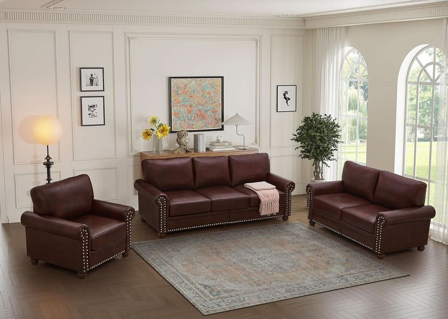 3 Piece Faux Leather Sofa Set With Storage In Burgundy Mid Century Modern Living Room