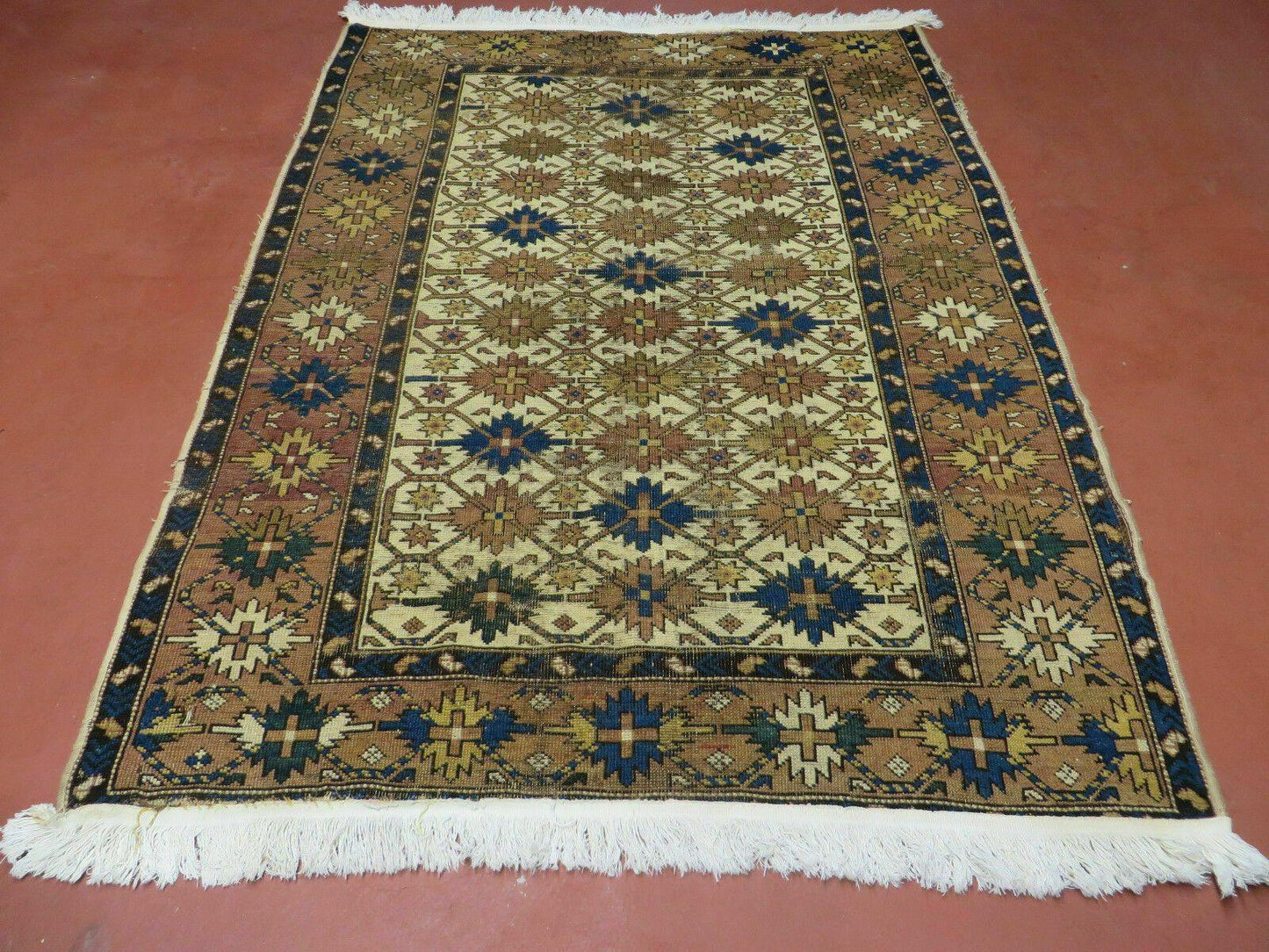 4' X 5' Antique Handmade Caucasian Kazak Shirvan Wool Rug Snow Flakes