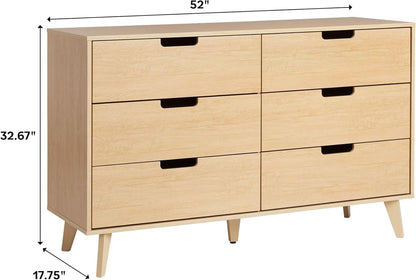 Mid-Century Modern 6-Drawer Dresser, 52 Inch Width