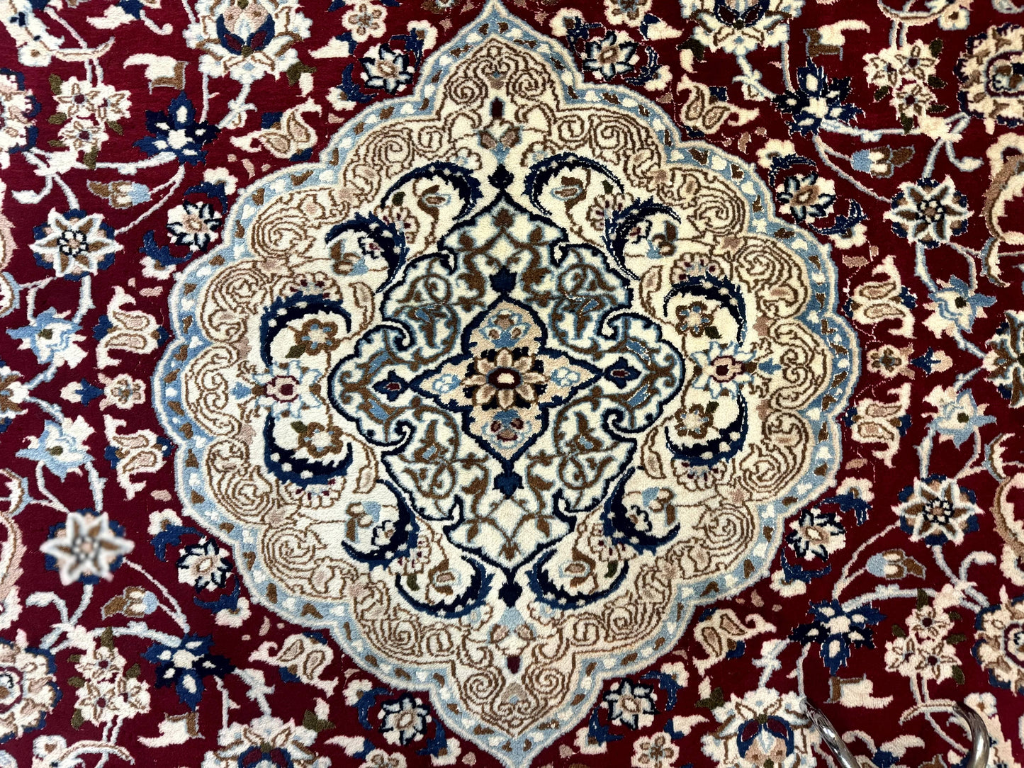 Persian Nain Rug 8x11, Wool and Silk Highlights, Burgundy & Ivory