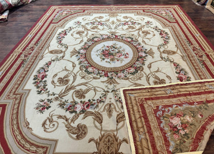 Aubusson Needlepoint Rug 9x11, Handmade Vintage Wool Flatweave Carpet, Elegant European Rug, Floral, Cream