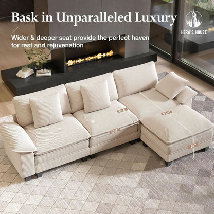 Modular Corduroy Beige Three Piece Sofa Set For Living Room