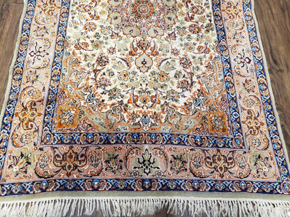 Vintage Persian Isfahan Lachak Toranj Rug, Highly Detailed, Kork Wool on Silk Foundation, Beige and Dark Blue, Hand-Knotted, 3'6" x 5' 4"