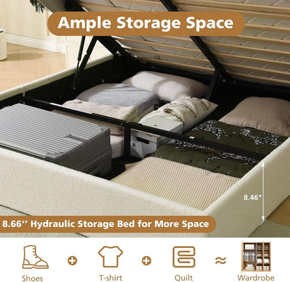 Queen Size Lift Up Storage Bed Curved Headboard Upholstered