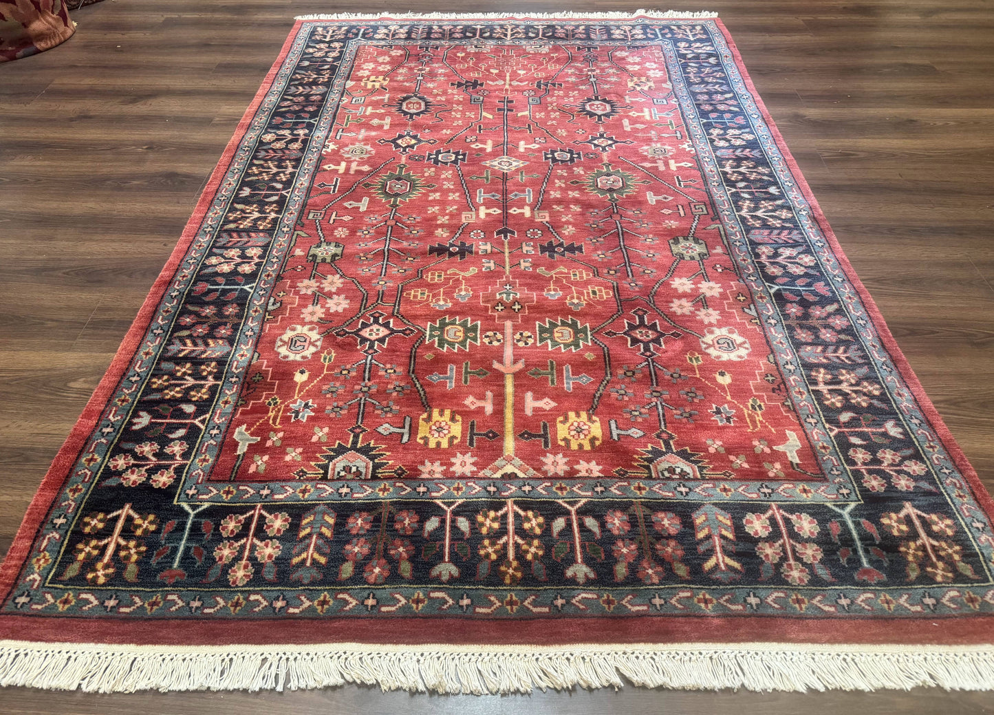 Indo Persian Heriz Serapi Rug 6x8, Rust Red and Navy Blue, Allover Pattern