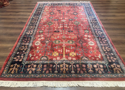 Indo Persian Heriz Serapi Rug 6x8, Rust Red and Navy Blue, Allover Pattern